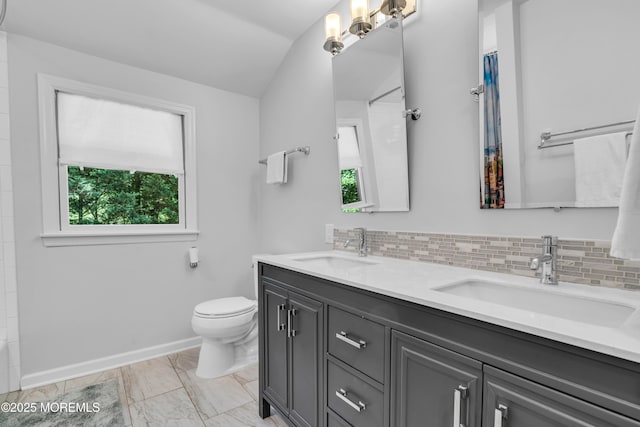 8 Old Dutch Rd, Warren, NJ 07059 - bathroom featuring double vanity, marble look tile flooring, tasteful backsplash, and a shower with curtain