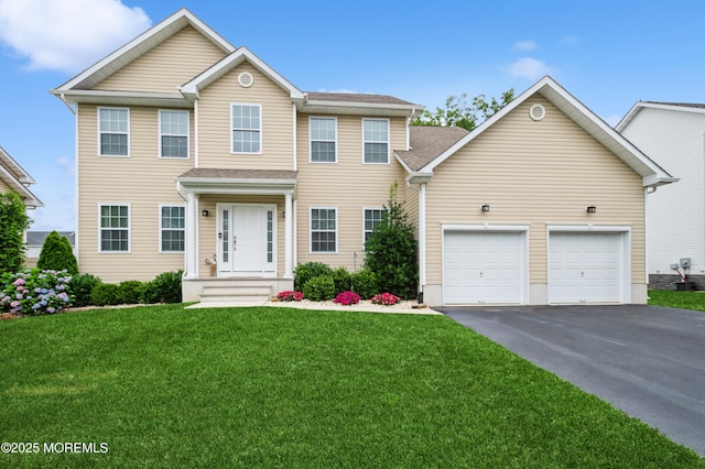96 Bridle Path, Bayville, NJ 08721 - colonial-style house with driveway, a front yard, a garage, and a shingled roof