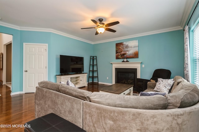 96 Bridle Path, Bayville, NJ 08721 - living area featuring ceiling fan, a glass covered fireplace, dark wood-style flooring, and ornamental molding