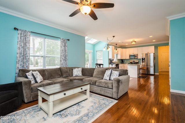96 Bridle Path, Bayville, NJ 08721 - living area featuring dark wood-type flooring, ornamental molding, ceiling fan, and recessed lighting