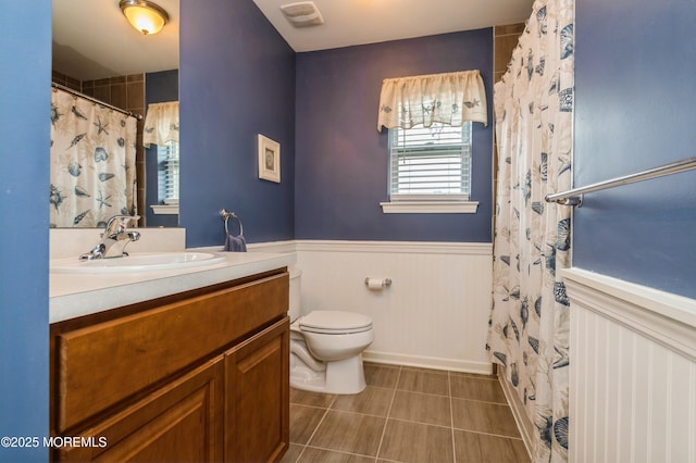 96 Bridle Path, Bayville, NJ 08721 - bathroom with vanity, wainscoting, tile patterned flooring, and a shower with curtain