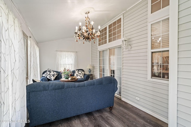 57 Mirage Blvd, Barnegat, NJ 08005 - living room with wood finished floors, a chandelier, lofted ceiling, and wooden walls