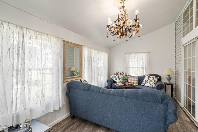 57 Mirage Blvd, Barnegat, NJ 08005 - living area featuring wood finished floors, vaulted ceiling, and a chandelier