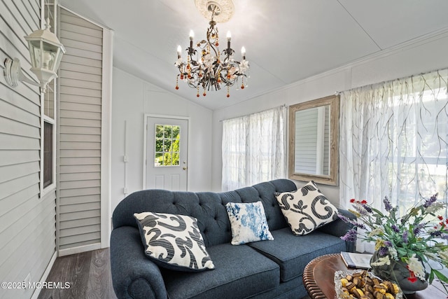 57 Mirage Blvd, Barnegat, NJ 08005 - living area with wood finished floors, a chandelier, and vaulted ceiling