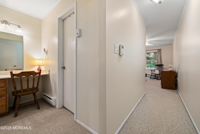 188 Lions Head Blvd S, Brick, NJ 08723 - hall featuring light colored carpet, crown molding, a desk, and a baseboard heating unit