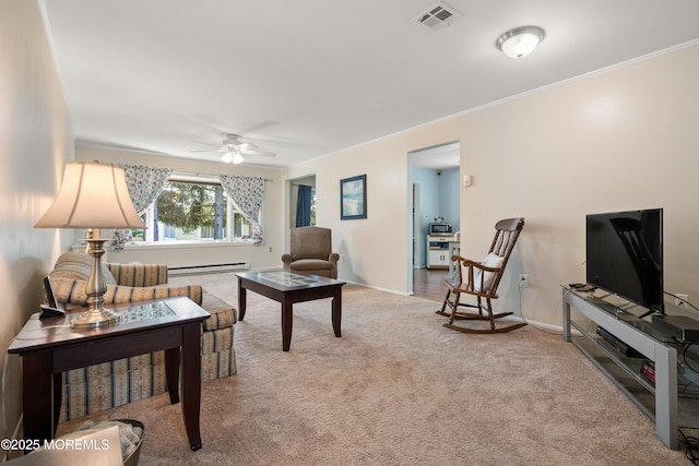 188 Lions Head Blvd S, Brick, NJ 08723 - living area with a ceiling fan, carpet flooring, ornamental molding, and a baseboard heating unit