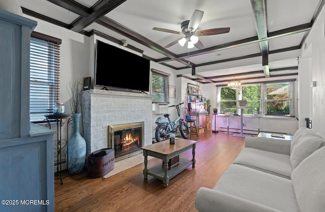 517 Laurel Ave, West Allenhurst, NJ 07711 - living room featuring coffered ceiling, wood finished floors, a ceiling fan, healthy amount of natural light, and a brick fireplace