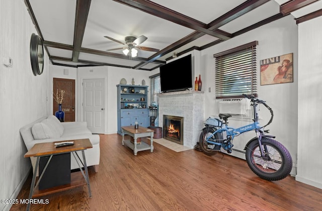 517 Laurel Ave, West Allenhurst, NJ 07711 - living room featuring coffered ceiling, wood finished floors, a brick fireplace, ceiling fan, and plenty of natural light