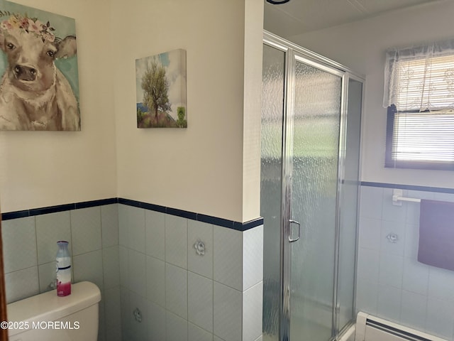 1408 Anvil Way, Toms River, NJ 08755 - full bathroom with tile walls, a baseboard heating unit, a stall shower, and wainscoting