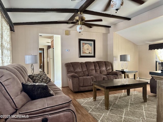 1408 Anvil Way, Toms River, NJ 08755 - living area with ceiling fan, wood finished floors, beamed ceiling, and a baseboard heating unit