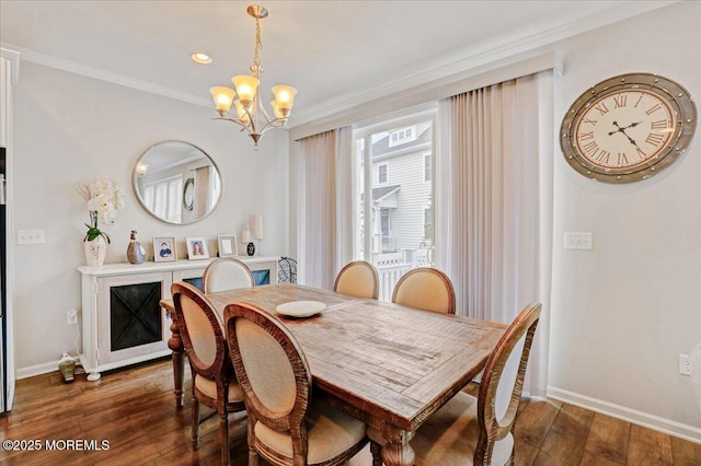 2 Lawley Dr, Lincroft, NJ 07738 - dining room featuring a chandelier, dark wood-type flooring, ornamental molding, and recessed lighting