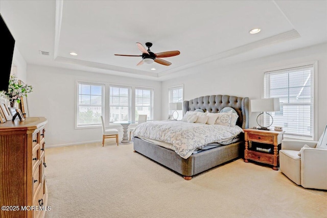 2 Lawley Dr, Lincroft, NJ 07738 - bedroom with a tray ceiling, light colored carpet, ceiling fan, and recessed lighting
