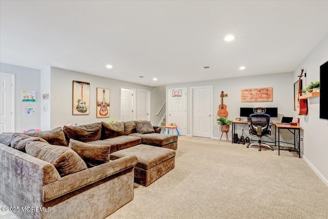 2 Lawley Dr, Lincroft, NJ 07738 - living area featuring a desk, light carpet, recessed lighting, and stairs