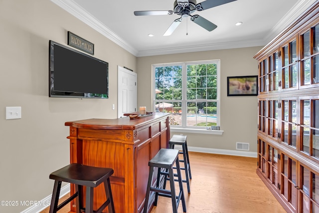 45 Erin Dr, Jackson, NJ 08527 - bar area featuring a ceiling fan, crown molding, light wood-style flooring, and recessed lighting