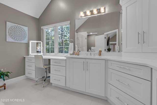 45 Erin Dr, Jackson, NJ 08527 - full bathroom with vanity, vaulted ceiling, and a shower