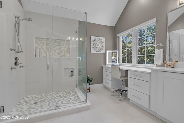 45 Erin Dr, Jackson, NJ 08527 - full bathroom with a shower stall, vaulted ceiling, and vanity
