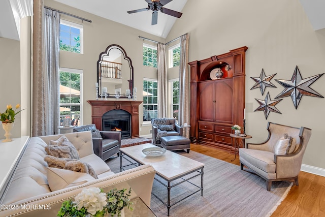 45 Erin Dr, Jackson, NJ 08527 - living room with high vaulted ceiling, light wood-type flooring, a fireplace, and ceiling fan