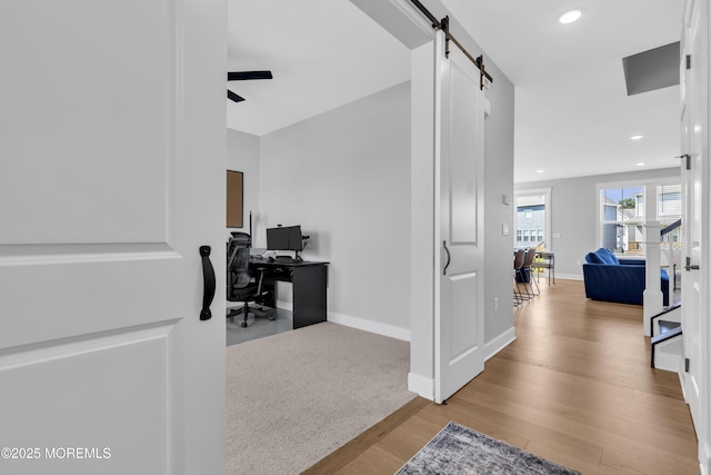 3 Devon Dr, Howell, NJ 07731 - home office with light wood-type flooring, recessed lighting, a barn door, and ceiling fan