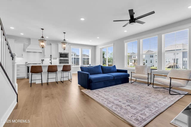 3 Devon Dr, Howell, NJ 07731 - living room featuring recessed lighting, light wood-type flooring, a ceiling fan, and stairway