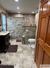 33 Tennent Ave, Englishtown, NJ 07726 - bathroom with vanity, a wood stove, a bidet, tiled shower, and recessed lighting