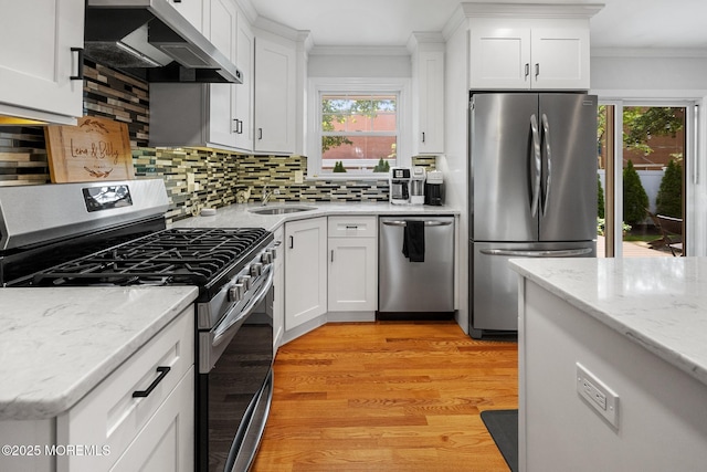 2120 Frances Dr, Point Pleasant, NJ 08742 - kitchen with stainless steel appliances, exhaust hood, crown molding, healthy amount of natural light, and light wood-style floors