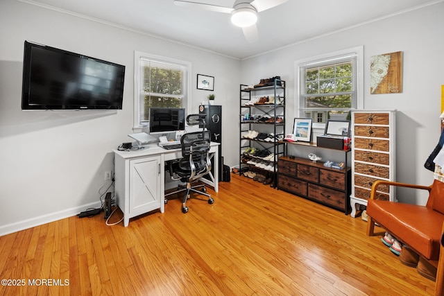 2120 Frances Dr, Point Pleasant, NJ 08742 - office area featuring plenty of natural light, crown molding, ceiling fan, and light wood finished floors