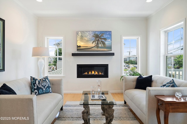 1735 Certainty Dr, Point Pleasant, NJ 08742 - living area with plenty of natural light, wood finished floors, a glass covered fireplace, recessed lighting, and ornamental molding