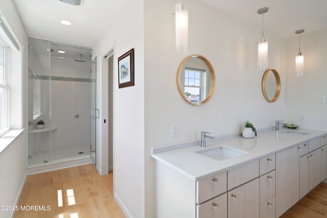 1735 Certainty Dr, Point Pleasant, NJ 08742 - full bath featuring a stall shower, double vanity, wood finished floors, and recessed lighting