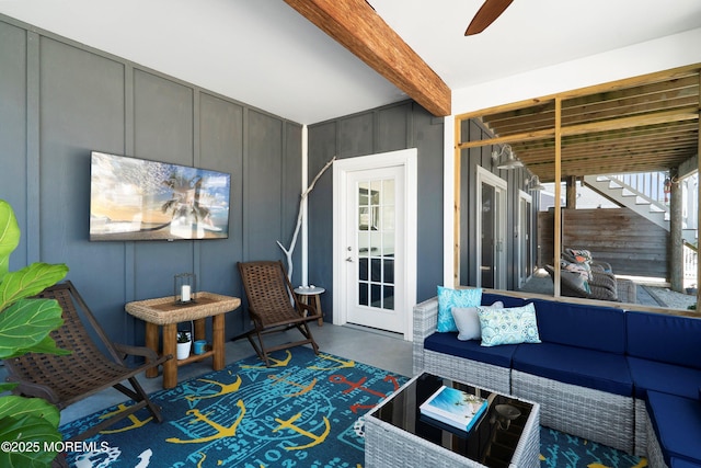 1735 Certainty Dr, Point Pleasant, NJ 08742 - living area featuring beamed ceiling, a ceiling fan, stairway, and finished concrete flooring