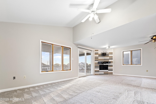 4 W Shrewsbury Dr, Little Egg Harbor, NJ 08087 - unfurnished living room with a ceiling fan, carpet floors, and high vaulted ceiling