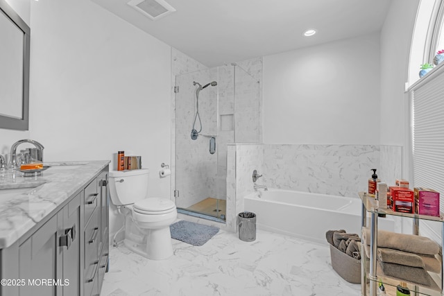 43 Winchester Dr, Howell, NJ 07731 - bathroom with vanity, a garden tub, a shower stall, marble look tile flooring, and recessed lighting