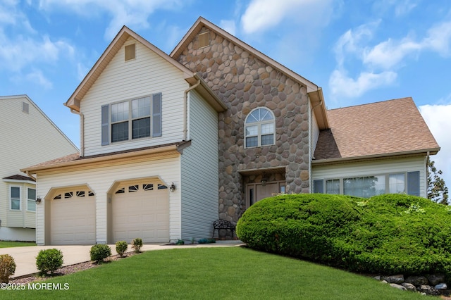 43 Winchester Dr, Howell, NJ 07731 - view of front of property featuring concrete driveway, a garage, a front yard, stone siding, and roof with shingles