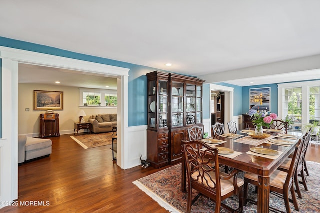 34 Sea View Ter, Highlands, NJ 07732 - dining area with dark wood-type flooring, recessed lighting, and a wainscoted wall