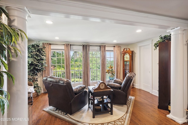 34 Sea View Ter, Highlands, NJ 07732 - living area with decorative columns, wood finished floors, and recessed lighting