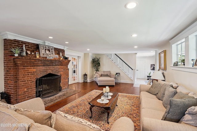 34 Sea View Ter, Highlands, NJ 07732 - living room featuring stairway, wood finished floors, recessed lighting, and a fireplace