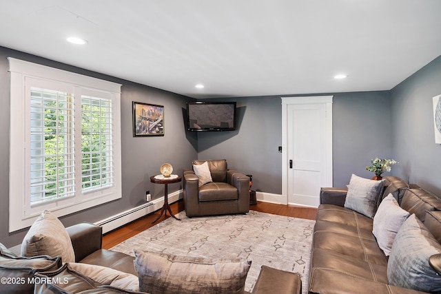 34 Sea View Ter, Highlands, NJ 07732 - living room with a baseboard radiator, recessed lighting, and wood finished floors