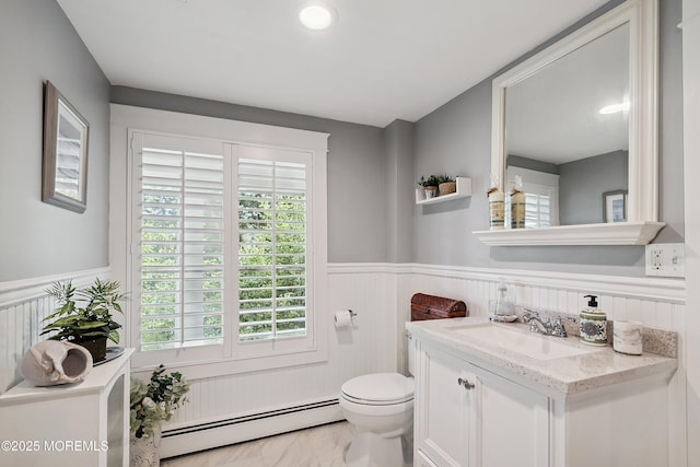 34 Sea View Ter, Highlands, NJ 07732 - half bath with a baseboard heating unit, wainscoting, vanity, and marble finish flooring