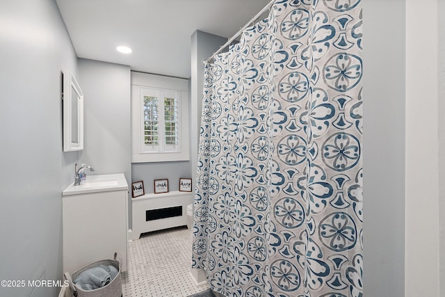 34 Sea View Ter, Highlands, NJ 07732 - bathroom featuring vanity, a shower with shower curtain, and recessed lighting