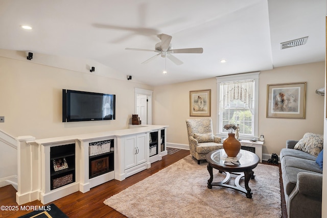 34 Sea View Ter, Highlands, NJ 07732 - living room with ceiling fan, dark wood finished floors, lofted ceiling, and recessed lighting
