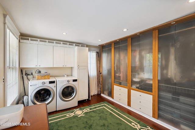 34 Sea View Ter, Highlands, NJ 07732 - laundry room with cabinet space, washer and clothes dryer, dark wood-style flooring, and recessed lighting