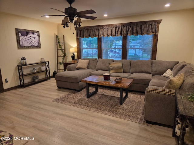 216 Main St, Port Monmouth, NJ 07758 - living area featuring a ceiling fan, light wood finished floors, and recessed lighting