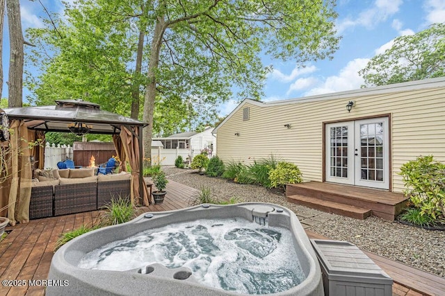 1267 Spruce St, Forked River, NJ 08731 - view of patio with a gazebo, a deck, an outdoor living space, french doors, and a hot tub