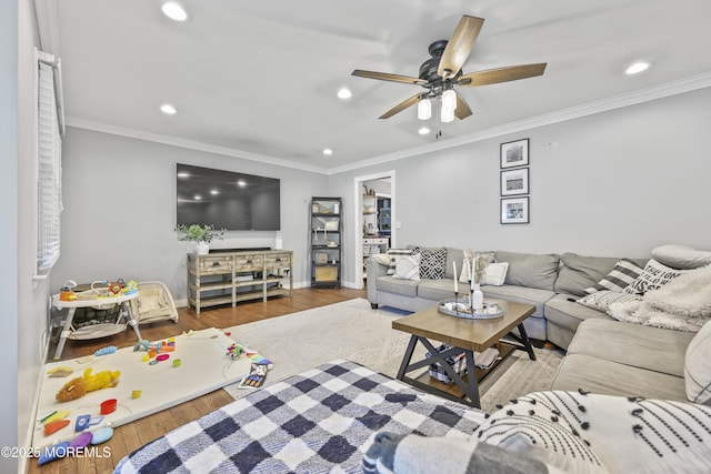 91 Newbury Rd, Howell, NJ 07731 - living area with recessed lighting, wood-type flooring, a ceiling fan, and ornamental molding