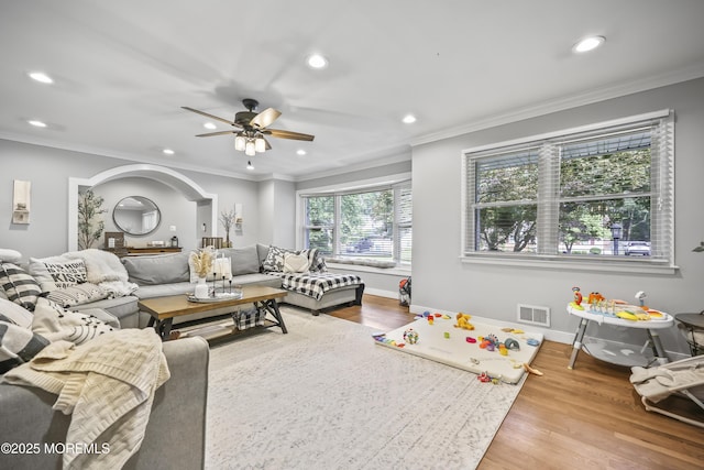 91 Newbury Rd, Howell, NJ 07731 - living room with recessed lighting, a ceiling fan, wood finished floors, and crown molding