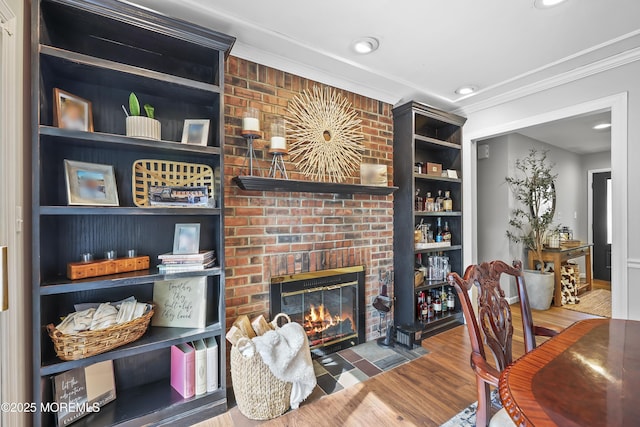 91 Newbury Rd, Howell, NJ 07731 - living area with a brick fireplace, ornamental molding, wood finished floors, and recessed lighting