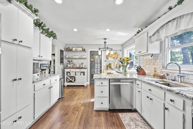 91 Newbury Rd, Howell, NJ 07731 - kitchen featuring dishwasher, recessed lighting, white cabinets, tasteful backsplash, and a peninsula