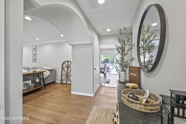 91 Newbury Rd, Howell, NJ 07731 - hallway featuring recessed lighting, wood finished floors, and crown molding