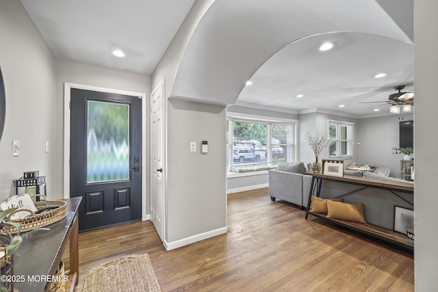91 Newbury Rd, Howell, NJ 07731 - foyer entrance featuring wood finished floors, recessed lighting, ceiling fan, and ornamental molding