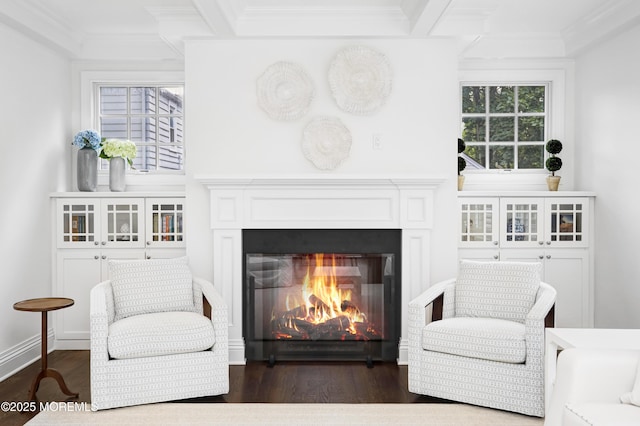 63 Bingham Ave, Rumson, NJ 07760 - living area featuring a glass covered fireplace, wood finished floors, and ornamental molding