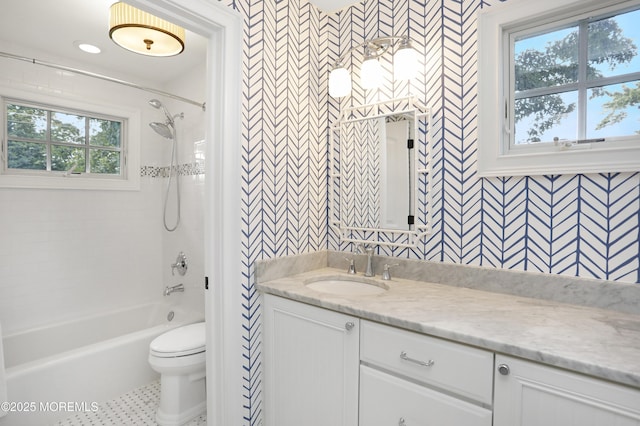 63 Bingham Ave, Rumson, NJ 07760 - bathroom with wallpapered walls, vanity, and shower / bathtub combination